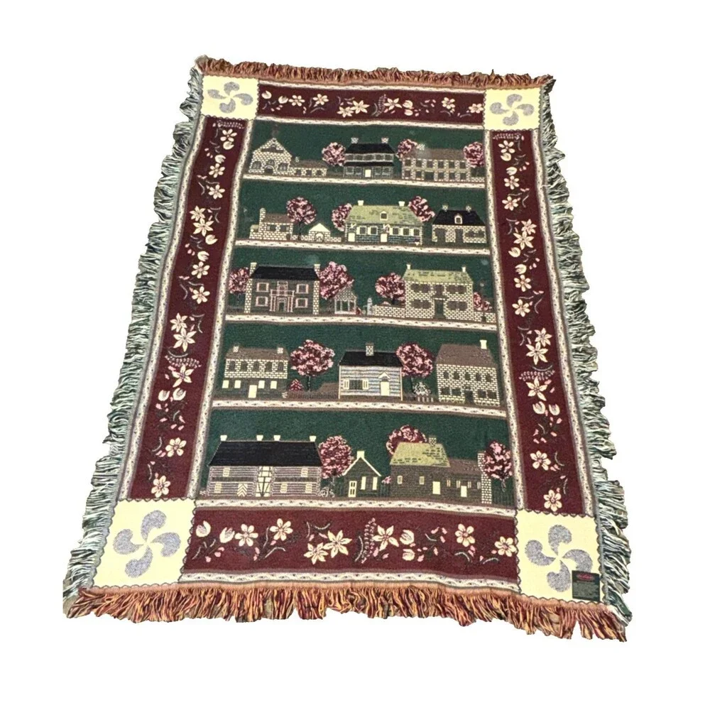 Vintage Bob Timberlake Throw Tapestry Blanket Houses Flowers Village Made in USA